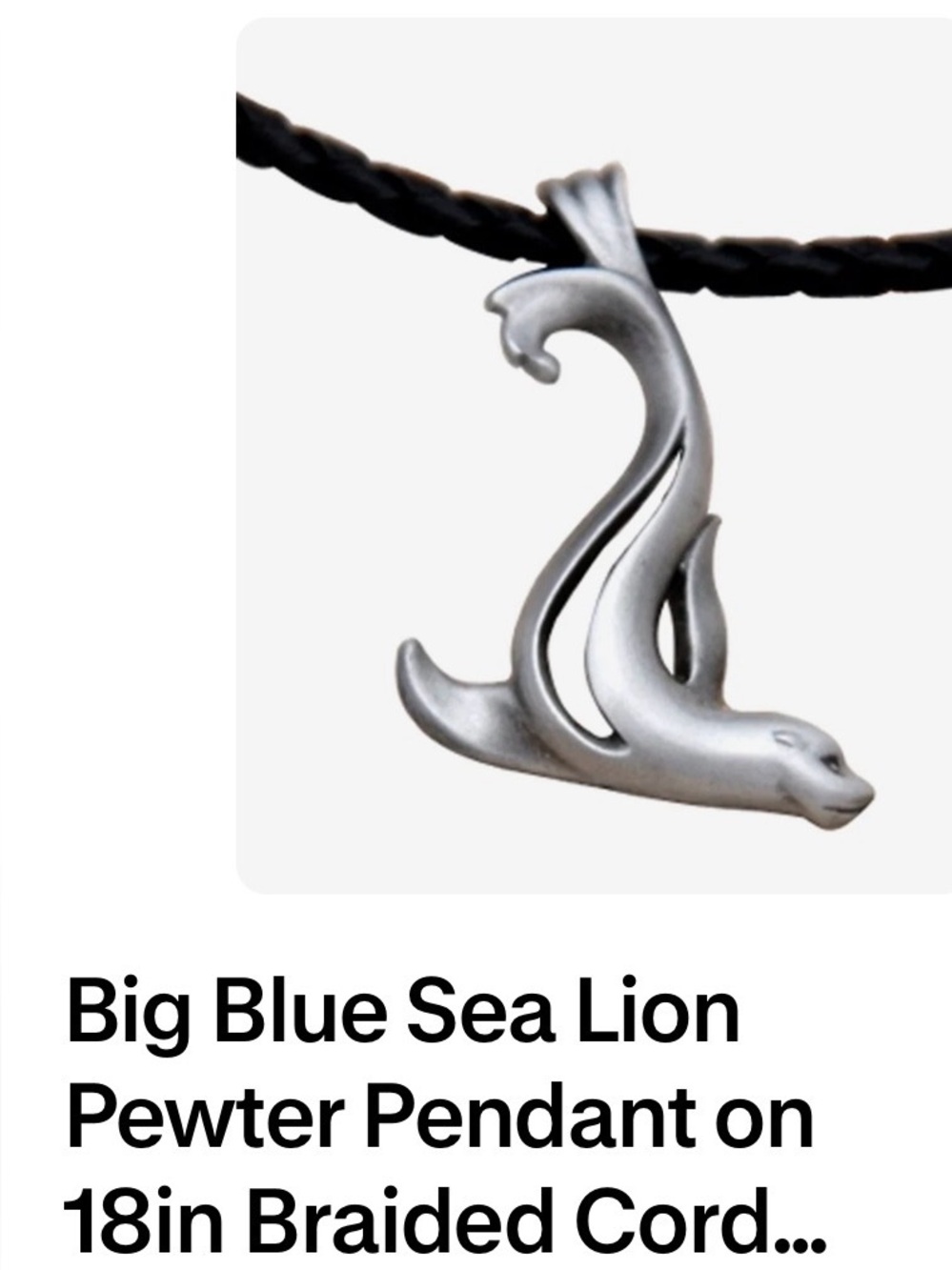Big Blue Silver-tone Salty the Sea Lion Pendant on Black Braided Cord Necklace